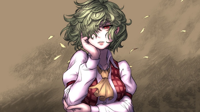Kazami Yuuka from Touhou with green hair and red eyes