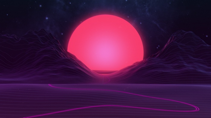 Retro digital landscape with glowing sun and mountains
