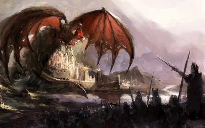 Dragon attacking a castle with an army below