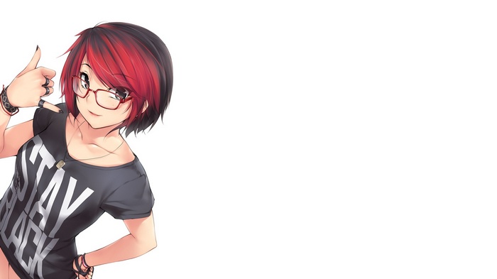 Anime girl with red and black hair and glasses