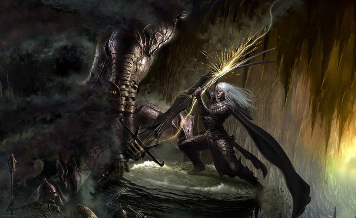 Drizzt DoUrden fights a giant armored creature