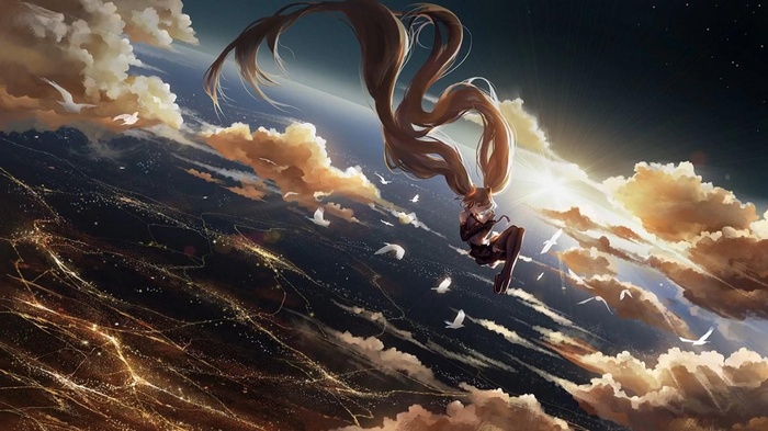 Hatsune Miku falling through clouds above a city