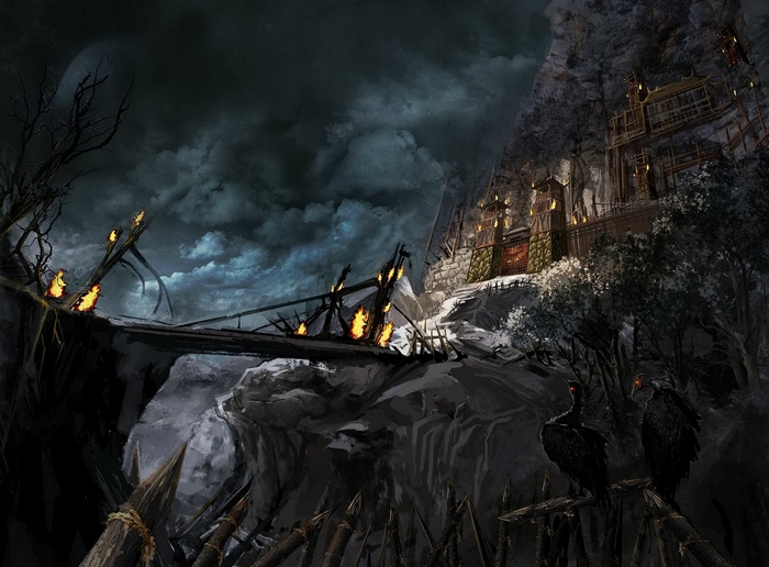 Fantasy castle artwork with a bridge and stormy sky