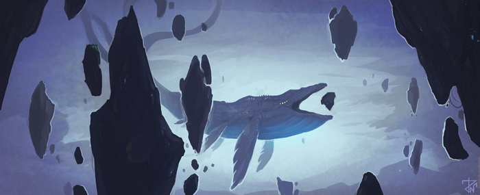 A whale swims through a surreal, rocky sky