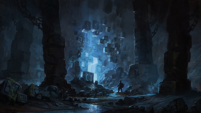 fantasy art, cave, science fiction, blue