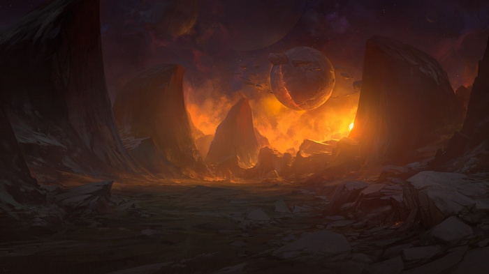 Sci-fi landscape with planets during sunset
