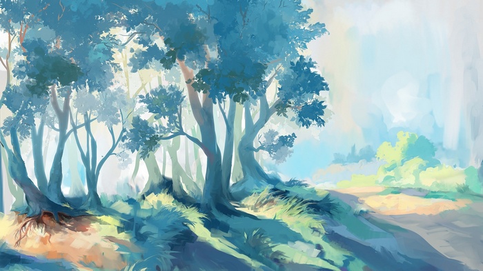 Digital painting of a bright forest with trees