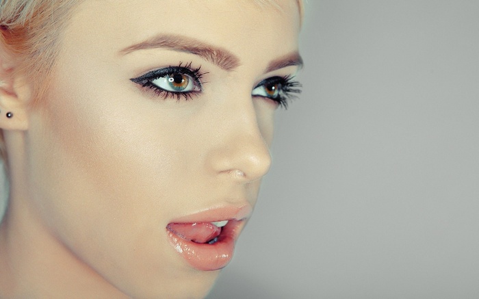 blonde, juicy lips, simple background, face, blue eyes, licking lips, closeup, women, open mouth