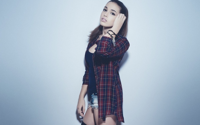 Woman in plaid shirt and jean shorts