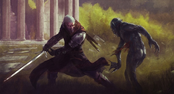 Geralt of Rivia fighting a monster in The Witcher 3