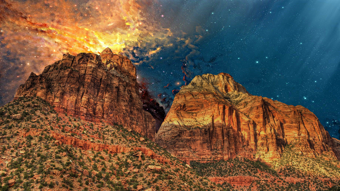 Mountains against a cosmic nebula and starry sky