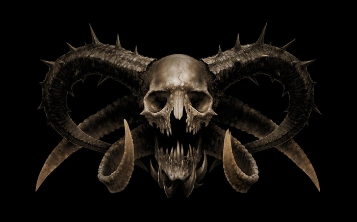 Demon skull with sharp horns and fangs on black background
