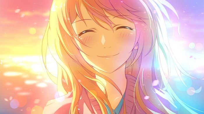 Miyazono Kaori smiling in the sunset