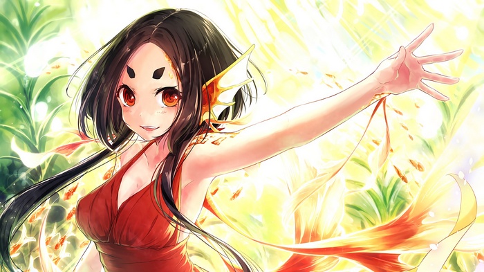 Anime girl with fish-like features in a red dress