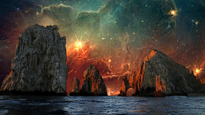 Rocky islands in the ocean under a nebula