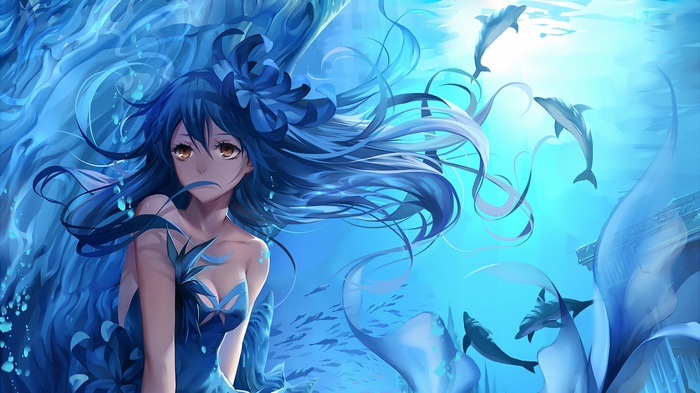 Anime girl with blue hair underwater with dolphins