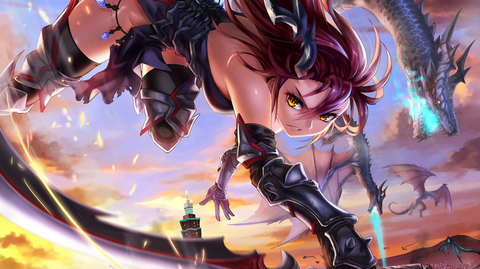 Anime girl with dragons in the sky