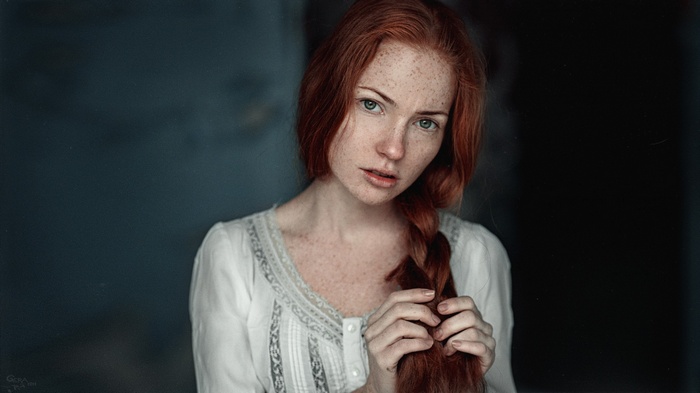 women, redhead, open mouth, model, Oksana Butovskaya, face, long hair, braids, Georgy Chernyadyev, green eyes, freckles, looking at viewer