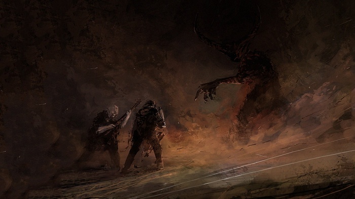 Fantasy art of a monster and two musicians