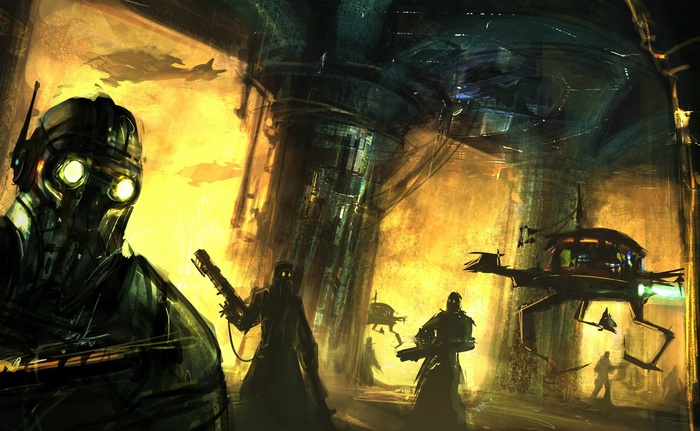 Sci-fi scene with robotic soldier and futuristic vehicles