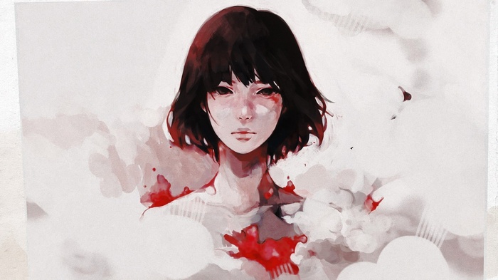 Anime girl with dark hair and red accents