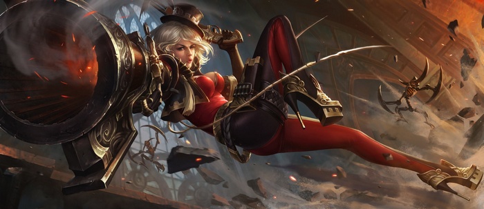 Steampunk girl with a large gun and a small creature