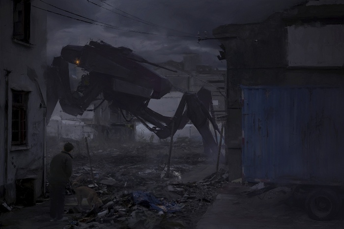 Apocalyptic mech in a ruined city with a person and dog