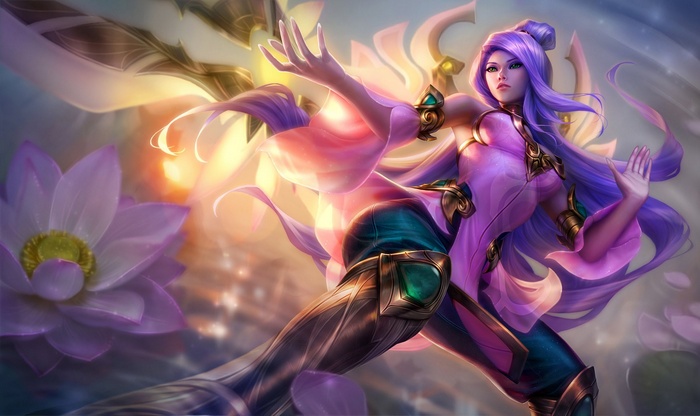 Irelia from League of Legends with purple hair and flowers