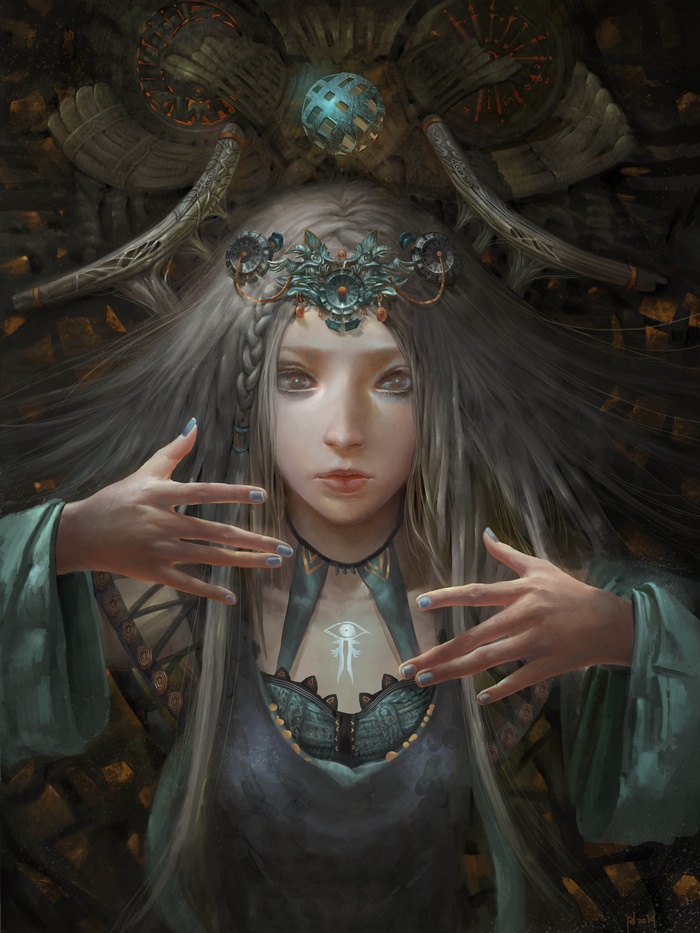 Fantasy art of a woman with a mystical symbol