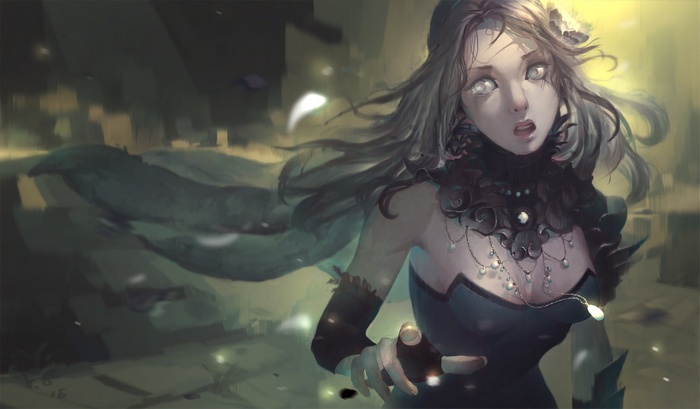Fantasy art of a woman with white eyes