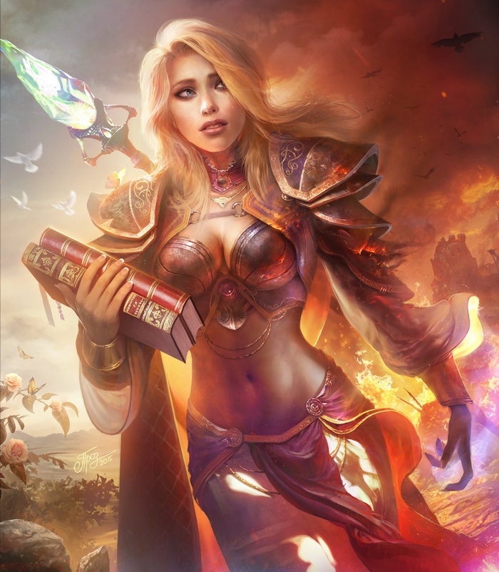 Jaina Proudmoore holding books with a magical staff
