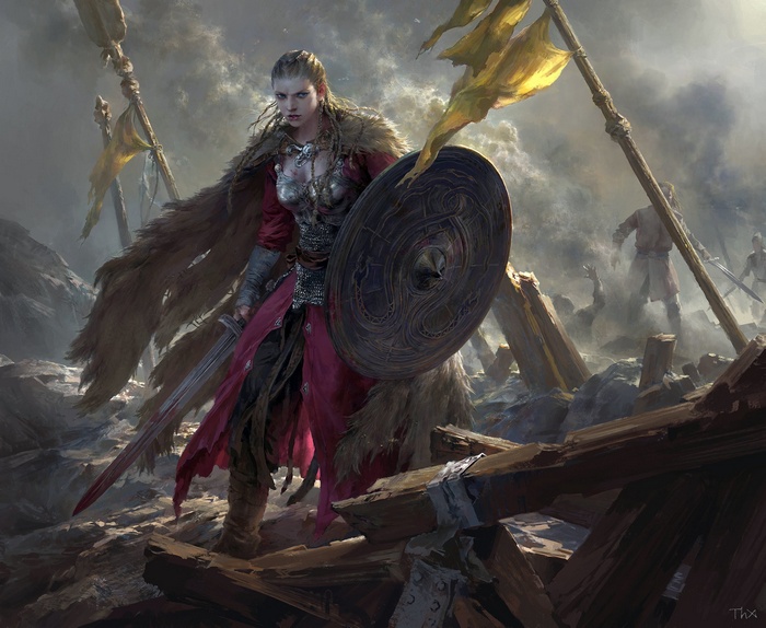 Viking warrior woman with sword and shield