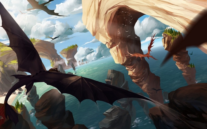 Dragons flying over islands in How to Train Your Dragon 2