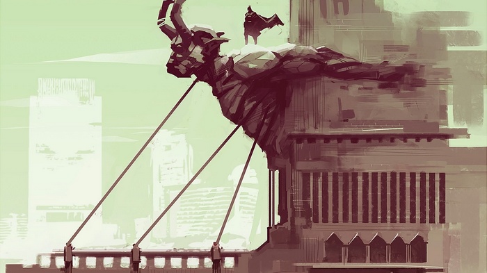 Batman on a bull statue overlooking a city