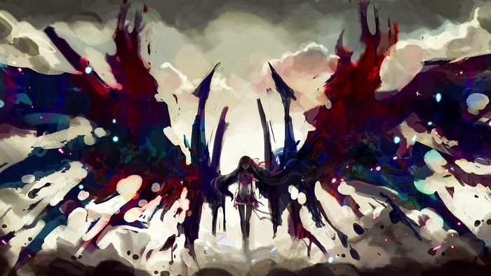 Akemi Homura with large dark and red wings