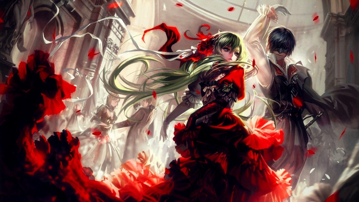 Anime couple dancing with red roses and petals