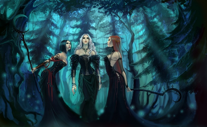 Three witches in a dark, mystical forest