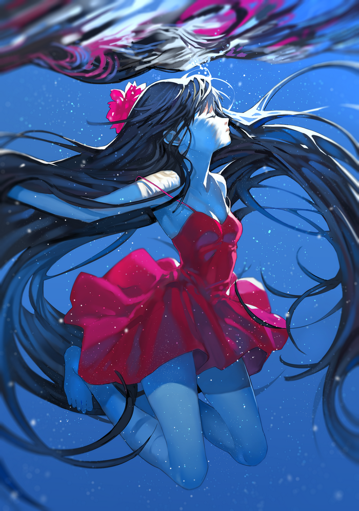 Anime girl in red dress underwater