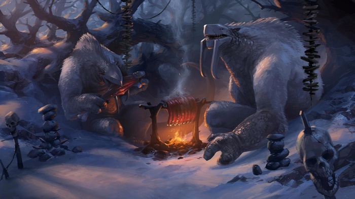 Endless Legend: Two large, furry creatures cooking meat over a fire