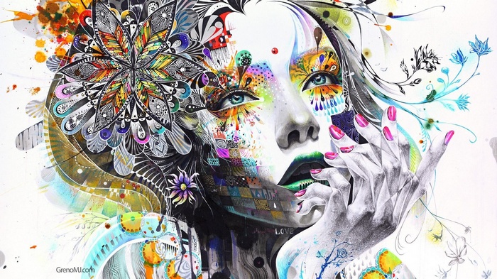 paint splatter, portrait, eyes, digital art, hands, mosaic, colorful, love, surreal, Minjae Lee, face, anime, painting, flowers, women, painted nails, artwork