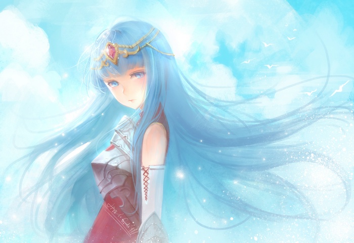 Anime girl with blue hair and armor in the sky