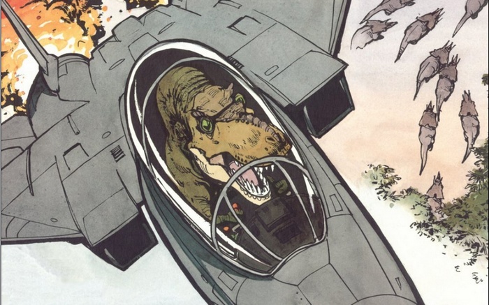 Tyrannosaurus Rex piloting a fighter jet