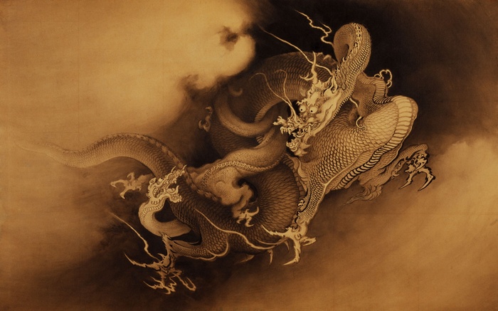 Two Chinese dragons fighting amidst clouds