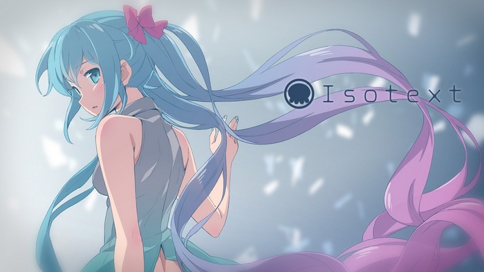 Hatsune Miku with flowing twintails and Isotext logo