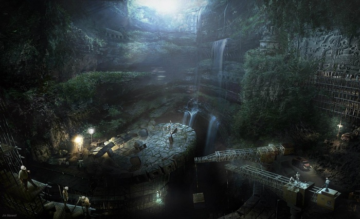 Artwork of a fantasy cave with waterfalls and workers