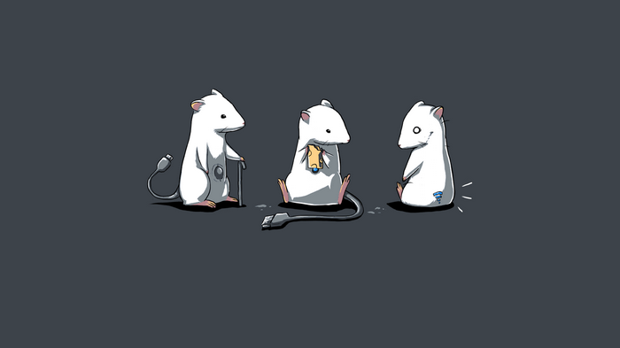 Three white mice with computer accessories