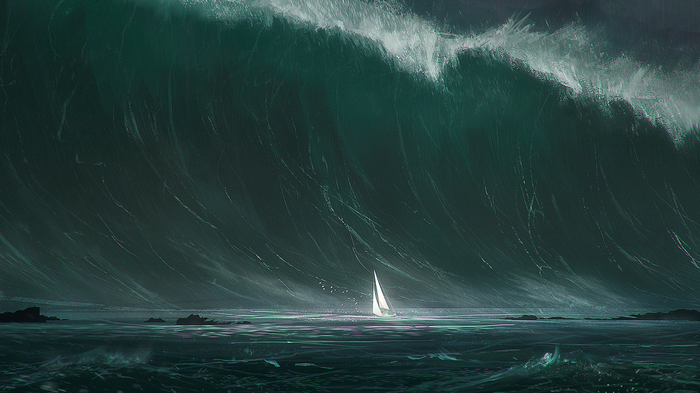 Sailboat facing a giant wave