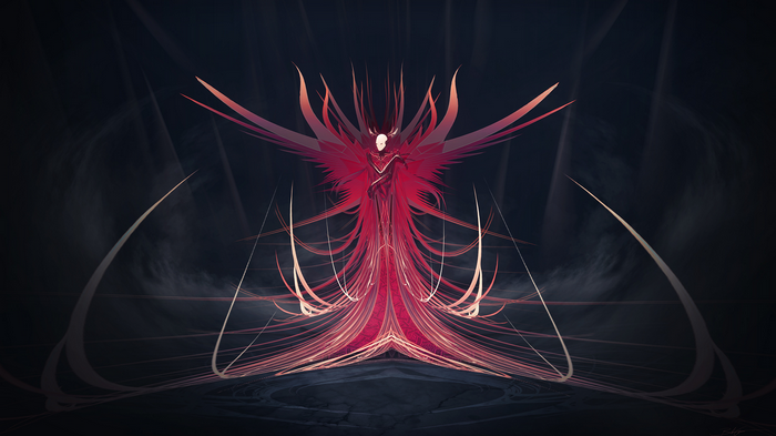 Fantasy art of a red winged figure