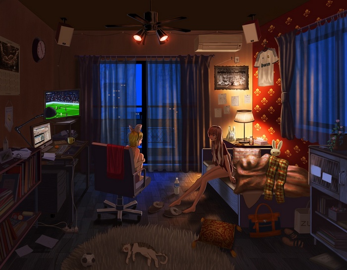 Anime girls in a room watching TV