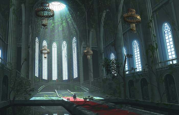 Fantasy art of a ruined cathedral with overgrown plants